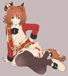  1girl absurdres animal_ears asdf_4532 aston_machan_(flare)_(umamusume) aston_machan_(umamusume) black_bow black_bowtie blush bow bowtie brown_background brown_hair brown_jacket brown_shoes brown_tail brown_thighhighs buttons collared_shirt commentary crown double-breasted footwear_bow from_above full_body green_eyes hair_between_eyes hand_on_ground hand_on_own_hip highres horse_ears horse_girl horse_tail jacket looking_at_viewer lying medium_hair multicolored_jacket on_side raglan_sleeves raised_eyebrows reclining red_bow red_jacket red_nails red_sash red_scrunchie sash scrunchie shirt shoes side_ponytail sidelocks sideways_glance simple_background sleeve_cuffs smile solo tail thigh-highs thighs two-tone_jacket umamusume white_shirt 