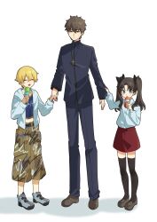  1girl 2boys absurdres aged_down black_pants black_ribbon black_thighhighs blonde_hair blue_eyes blue_shirt brown_hair brown_shoes check_commentary child child_gilgamesh_(fate) closed_eyes commentary_request cross cross_necklace eating fate/zero fate_(series) gilgamesh_(fate) hair_ribbon highres holding holding_hands holding_ice_cream_cone ice_cream_cone jacket jewelry kotomine_kirei kotomine_kirei_(fate/zero) long_sleeves multiple_boys necklace open_mouth pants red_skirt ribbon shirt shoes short_hair shorts simple_background skirt thigh-highs toaru_j_27 tohsaka_rin tohsaka_rin_(fate/zero) twintails white_background white_jacket white_shirt 