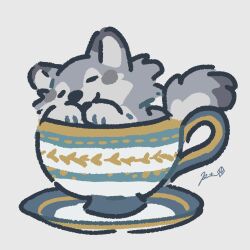  animal_focus closed_eyes commentary cup grey_background highres no_humans original rinrinwolf saucer signature simple_background teacup wolf 
