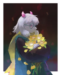  1boy absurdres bad_link border closed_mouth deltarune english_commentary fang floppy_ears flower furrowed_brow goat_horns highres holding holding_flower horns ilikecanele looking_down looking_to_the_side pink_horns ralsei round_eyewear skin_fang solo utdr_(toby_fox) white_border white_fur yellow_flower 