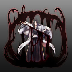  1girl absurdres arms_up bankai black_hair black_hakama black_kimono bleach bleach:_sennen_kessen-hen blood closed_mouth commentary_request fighting_stance floating_clothes full_body grey_background hair_over_shoulder hakama haori hemokinesis highres holding holding_sword holding_weapon ichi_natsu japanese_clothes katana kimono lips long_hair long_sleeves looking_at_viewer mature_female minazuki_(bankai) parted_bangs sash scar scar_on_chest simple_background smile solo standing straight_hair sword tsurime unohana_retsu weapon white_haori white_sash wide_sleeves 
