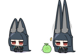  1girl absurdres animal_ear_fluff animal_ears black_necktie black_shirt black_skirt blunt_bangs blush_stickers cape chibi chibi_only collared_shirt comically_large_ears commentary_request food fox_ears fox_girl fruit green_cape green_sleeves highres hoshimi_miyabi long_sleeves melon necktie no_mouth no_nose red_eyes shadow shinonome_nashi shirt simple_background skirt solo standing surprised v-shaped_eyebrows white_background white_shirt zenless_zone_zero 