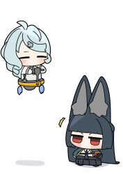  2girls absurdres ahoge animal_ear_fluff animal_ears aqua_jacket black_hair black_necktie black_skirt blue_hair chibi closed_eyes commentary_request flower_hairpin flying fox_ears fox_girl full_body hair_ornament hairclip highres hoshimi_miyabi jacket long_hair looking_at_another multiple_girls necktie red_eyes seed_(zenless_zone_zero) shinonome_nashi shirt skirt solo white_background white_shirt zenless_zone_zero 