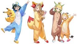  2boys 2girls :d ahoge alternate_costume animal_ears arm_up ash_ketchum black_hair blonde_hair blue_eyes bonnie_(pokemon) brown_eyes buttons character_doll clemont_(pokemon) closed_eyes commentary_request doll fake_animal_ears fake_tail glasses grin highres holding holding_hands holding_mirror korean_commentary long_hair mirror multiple_boys multiple_girls one_eye_closed onesie open_mouth pikachu pokemon pokemon_(anime) pokemon_the_series:_xy pokesudal red_slippers round_eyewear serena_(pokemon) slippers smile socks standing tail teeth upper_teeth_only v white_socks 
