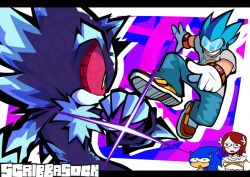  1girl 3boys artist_logo blue_pants chaos_emerald colored_sclera commentary english_commentary furry furry_male gloves green_eyes letterboxed logo mephiles_the_dark multiple_boys pants princess_elise_the_third red_hair red_sclera scribbasock shirt sonic_(series) sonic_channel sonic_man sonic_the_hedgehog sonic_the_hedgehog_(2006) white_gloves white_shirt 
