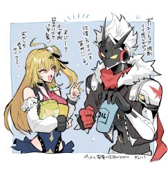 1boy 1girl ahoge bag_of_chips bare_shoulders billy_kid billy_kid_(starlight) black_jacket blonde_hair blue_background bracelet chalky_(zenless_zone_zero) cissia_(zenless_zone_zero) clothed_robot commentary_request cropped_jacket detached_sleeves food fur-trimmed_jacket fur_trim hair_between_eyes hair_ornament hairclip hally highres holding holding_food horns jacket jewelry long_hair looking_at_another open_mouth pom_pom_(clothes) pom_pom_hair_ornament red_eyes red_scarf robot robot_boy scarf snake snake_girl spiked_bracelet spikes spiky_hair torn_clothes torn_scarf white_hair white_snake yellow_eyes zenless_zone_zero 