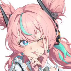  1girl aria_(human)_(zenless_zone_zero) aria_(zenless_zone_zero) blue_eyes bow commentary_request fingerless_gloves fingernails gloves headphones one_eye_closed pink_hair portrait quad_tails soapla striped_bow tongue tongue_out white_background zenless_zone_zero 