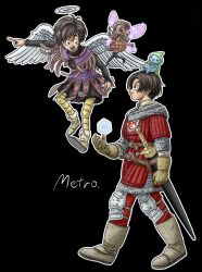  1girl 2boys angel_wings artist_name black_background black_thighhighs black_tunic blonde_hair boots brown_hair creature_on_head dark-skinned_female dark_skin dragon_quest dragon_quest_ix dragon_quest_x dress fairy fairy_wings feathered_wings flower flying gloves grey_boots grey_gloves hair_flower hair_ornament halo hero_(dq10) hero_(dq9) highres knee_pads multiple_boys open_mouth orange_dress pants parted_bangs pink_flower pointing red_pants red_tunic sandy_(dq9) short_hair smile sword thigh-highs toriyama_akira_(style) traditional_halo tunic walking weapon white_wings wings yamuchasiyagatte 