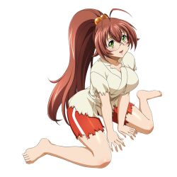  1girl :d antenna_hair barefoot between_legs blush breasts brown_hair collarbone double-parted_bangs full_body game_asset glasses green_eyes hair_bobbles hair_ornament hand_between_own_legs high_ponytail ikkitousen ikkitousen_extra_burst japanese_clothes kimono large_breasts long_hair looking_at_viewer non-web_source official_art open_mouth ponytail red_shorts ryuubi_gentoku_(ikkitousen) self-datamine short_sleeves shorts simple_background sitting smile solo torn_clothes torn_kimono torn_shorts torn_sleeves transparent_background very_long_hair wariza white_kimono 