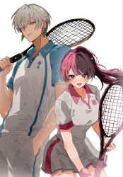  1boy 1girl black_hair blue_sleeves collared_shirt commentary_request contrast_collar grey_skirt hand_in_pocket height_difference highres ibrahim_(nijisanji) long_hair miniskirt multicolored_hair nijisanji open_collar open_mouth pants pink_eyes pink_hair pleated_skirt ponytail racket raglan_sleeves shirt simple_background skirt smile split-color_hair sportswear tachibana_hinano tennis_racket tennis_uniform two-tone_hair virtual_youtuber vspo! white_background white_pants white_shirt wristband yla2hn 