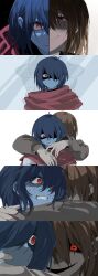  2others absurdres black_eyes blue_skin brown_hair chinese_commentary colored_skin commentary_request deltarune grey_sweater heart heart-shaped_pupils highres hug kris_(dark_world)_(deltarune) kris_(deltarune) multiple_others other_focus partial_commentary red_eyes short_hair smile sweater symbol-shaped_pupils utdr_(toby_fox) vessel_(deltarune) yunlin_e 