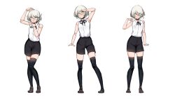  1girl absurdres alternate_costume black_shoes black_shorts black_skirt black_thighhighs cecilia_immergreen collared_shirt commentary doll_joints english_commentary green_eyes green_hair highres hololive hololive_english joints looking_at_viewer panpanmc4 shirt shoes short_hair shorts skirt sleeveless sleeveless_shirt thigh-highs virtual_youtuber white_hair white_shirt winding_key 