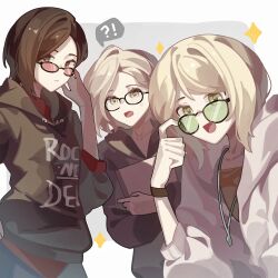 3girls absurdres ada_wong adjusting_eyewear ashley_graham black-framed_eyewear black_hoodie book border commentary grace_ashcroft green-tinted_eyewear grey_background grey_jacket haobuguniao highres holding holding_book hood hoodie jacket looking_at_viewer multiple_girls open_mouth print_hoodie red-tinted_eyewear resident_evil resident_evil_4 resident_evil_requiem smile sparkle sweatdrop tinted_eyewear upper_body white_border 