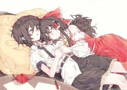  2girls absurdres ascot black_necktie black_skirt bow brown_hair chinese_commentary commentary_request detached_sleeves frilled_bow frilled_hair_tubes frilled_skirt frills hair_bow hair_tubes hakurei_reimu head_on_pillow highres long_hair lying missing_headwear mixed-language_commentary multiple_girls necktie on_back on_side open_mouth pillow pointy_ears puffy_short_sleeves puffy_sleeves red_bow red_skirt ribbon-trimmed_sleeves ribbon_trim rryy shameimaru_aya shirt short_sleeves skirt skirt_set sleeping sleeping_together table touhou unworn_headwear white_shirt yellow_ascot yuri 