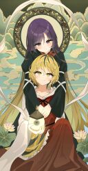  2girls animal_print bishamonten's_pagoda black_dress black_hair black_ribbon blonde_hair blush chimi_(s2yuyukos2) closed_mouth commentary dress flower flower_request gradient_hair hagoromo highres hijiri_byakuren hug hug_from_behind long_hair long_sleeves multicolored_hair multiple_girls neck_ribbon purple_hair ribbon shawl short_hair sitting smile streaked_hair tiger_print toramaru_shou touhou very_long_hair yellow_eyes yuri 
