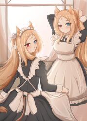  2girls :o absurdres acmetamaki animal_ears archetto_(arknights) arknights black_dress blonde_hair blue_eyes blush breasts clone dress enmaided heterochromia highres lion_ears lion_girl lion_tail long_hair long_sleeves looking_at_viewer maid medium_breasts multiple_girls red_eyes tail tying_hair very_long_hair 