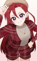  1girl :3 asymmetrical_bangs bad_source blazer brown_hat buttons closed_mouth collared_jacket cowboy_shot dot_nose gradient_background grey_shirt hair_between_eyes hand_on_headwear hand_on_own_hip happy hat highres jacket jewelry lapels long_hair long_sleeves looking_at_viewer natsuumihino notched_lapels pendant plaid_clothes plaid_jacket plaid_shorts precure red_background red_hair red_jacket red_shorts shirt shorts simple_background smile solo standing takizawa_asuka thighs third-party_source tropical-rouge!_precure two-tone_background very_long_hair violet_eyes white_background 