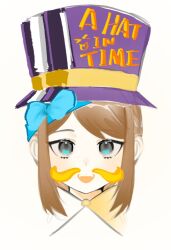  1girl a_hat_in_time blonde_facial_hair blue_bow blue_eyes bow brown_hair cape commentary copyright_name cropped_head facial_hair hair_bow hat hat_kid hat_ribbon highres looking_at_viewer medium_hair moyufishgogo mustache open_mouth purple_hat ribbon sidelocks smile solo straight-on teeth top_hat upper_teeth_only white_background yellow_cape yellow_ribbon 