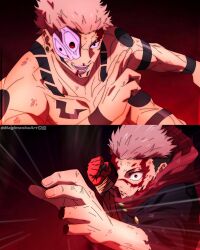  2boys absurdres arm_tattoo blood blood_from_mouth blood_on_face brown_eyes chest_tattoo ear_piercing extra_arms extra_eyes facial_tattoo highres itadori_yuji jujutsu_kaisen jujutsu_tech_uniform magimeoka multiple_boys muscular muscular_male nosebleed piercing red_eyes ryoumen_sukuna_(jujutsu_kaisen) ryoumen_sukuna_(true_form)_(jujutsu_kaisen) short_hair shoulder_tattoo tattoo upper_body 