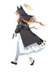  1girl absurdres animal_ear_headwear ankle_cuffs aqua_neckerchief armlet black_veil blue_archive blue_eyes braid cat_girl coif commentary desert_eagle dress feishi from_side full_body gun halo handgun highres holding holding_gun holding_weapon jewelry long_hair low-braided_long_hair low-tied_long_hair mari_(blue_archive) neckerchief nun orange_hair simple_background solo veil walking weapon white_background white_dress yellow_halo 
