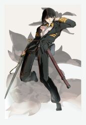  1boy absurdres asama_yoshitsune black_eyes black_hair black_jacket black_pants bob_cut border closed_mouth collared_shirt cyanite1301 full_body highres holding holding_sword holding_weapon jacket light_smile male_focus military_uniform nippon_sangoku pants sheath shirt shoes short_hair solo sword weapon white_border white_shirt 