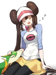  1girl absurdres black_pantyhose brown_hair commentary_request donut_hair_bun double_bun hair_bun highres korean_commentary lele08221 pantyhose pantyhose_under_shorts poke_ball poke_ball_print pokemon pokemon_(creature) pokemon_black_2_and_white_2 raglan_sleeves rosa_(pokemon) servine shorts smile solo twintails yellow_shorts 
