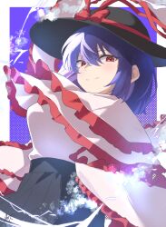  1girl absurdres black_hat black_skirt bluerhozu blush bow breasts capelet commentary_request electricity frilled_capelet frilled_shawl frills hagoromo hat hat_bow highres large_breasts looking_at_viewer medium_hair nagae_iku purple_hair red_bow red_eyes shawl shirt skirt smile solo touhou white_capelet white_shirt 