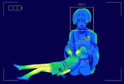  2boys ? ?? arm_at_side barefoot battery_indicator blue_theme blunt_ends bow commentary_request faceless faceless_male feathers full_body genshin_impact hair_intakes hand_on_another's_forehead hand_on_another's_hand hand_up heart implied_death japanese_clothes kariginu kimono korean_commentary lap_pillow layered_sleeves long_sleeves lower_teeth_only monochrome multiple_boys open_mouth pants pelvic_curtain pom_pom_(clothes) pyong_deog scaramouche's_sickly_friend_(genshin_impact) scaramouche_(genshin_impact) scaramouche_(kabukimono)_(genshin_impact) shorts string stuffed_toy tasuki tears teeth thermogram toes viewfinder wispy_bangs 