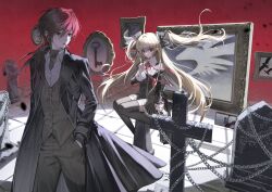  1boy 1girl absurdres back_bow black_bow black_coat black_dress black_thighhighs blonde_hair bow brown_eyes cigarette coat cross dress grey_pants grey_vest hair_between_eyes hair_bow highres index_finger_raised juliet_sleeves key lapels lauren_iroas long_hair long_sleeves nijisanji open_clothes open_coat original pants picture_frame piyoyono_sekai puffy_sleeves red_hair ribbed_sweater shirt sitting sleeve_cuffs striped_bow striped_clothes striped_dress sweater thigh-highs tsurime turtleneck turtleneck_sweater two_side_up vertical-striped_bow vertical-striped_clothes vertical-striped_dress vest virtual_youtuber white_shirt 