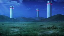  absurdres artist_request bush clouds field game_asset grass highres landscape mountain night no_humans outdoors scenery sky star_(sky) starry_sky third-party_source touhou touhou_spell_carnival tower 