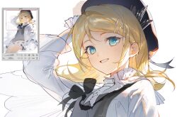  1girl aqua_eyes arm_up art_program_in_frame art_program_request black_hat blonde_hair commentary_request cowboy_shot eyelashes frilled_shorts frills grin hair_ornament hairclip hat highres kagamine_rin long_hair long_sleeves makka_potato miku_symphony_(vocaloid) parallel_hairclips ribbon screenshot see-through_clothes see-through_sleeves shirt shorts simple_background smile symphony_rin symphony_rin_(2025) unfinished user_interface vocaloid white_background white_shirt white_shorts 