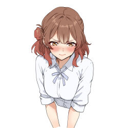  1girl amagi_(amagi626) blush brown_hair closed_mouth commentary_request gakuen_idolmaster gradient_hair hair_bun hanami_ume hatsuboshi_gakuen_school_uniform idolmaster multicolored_hair red_hair school_uniform shirt simple_background single_hair_bun smile upper_body white_background white_shirt yellow_eyes 