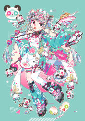  1girl apron aqua_background asymmetrical_legwear bandaid bandaid_on_leg bow braid china chinese_clothes commentary decora double_bun dress dumpling fang food frills full_body green_background grey_hair hair_bow hair_bun hair_ornament hairclip highres lolita_fashion long_hair long_sleeves looking_at_viewer mahjong mismatched_legwear nail_polish open_mouth original panda pink_hair plate qi_lolita shoes single_thighhigh sleeves_past_fingers sleeves_past_wrists socks solo spoon stuffed_animal stuffed_panda stuffed_toy thigh-highs tsutomu_(hghrttm) twin_braids uneven_legwear white_apron white_thighhighs wide_sleeves 