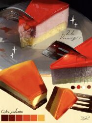  cheesecake color_guide completion_time fine_9725 food food_focus fork highres multiple_views original plate sparkle still_life 