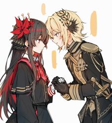  2girls black_coat black_gloves black_hair black_shirt black_skirt blonde_hair coat collared_shirt commentary_request crown epaulettes flower gloves grabbing_another's_hand hair_flower hair_ornament hasumi_leia highres lionet0806 long_hair mahou_shoujo_no_majo_saiban mini_crown multiple_girls necktie parted_lips rapier red_eyes red_flower red_necktie shinosawa_hiro shirt short_hair simple_background skirt sword weapon white_background white_gloves yellow_eyes 