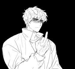  annoyed black_background black_eyes black_hair choi_jongsu collared_shirt garbage_time greyscale lineart lower_eyelashes_only male_focus messy_hair middle_finger monochrome shaded_face shirt short_hair ununtied upper_body veins veiny_hands 