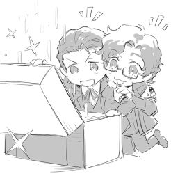  2boys blush chibi chibi_only commentary_request dress_shirt gekkoukan_high_school_uniform glasses greyscale hair_slicked_back hiraga_keisuke isa_(peien516) jacket kneeling male_focus monochrome multiple_boys neck_ribbon odagiri_hidetoshi open_mouth pants persona persona_3 rectangular_eyewear ribbon s.e.e.s school_uniform semi-rimless_eyewear shirt short_hair simple_background sparkle treasure_chest under-rim_eyewear white_background 