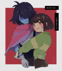  2others :| blue_hair blue_skin blush_stickers border brown_hair cape chara_(undertale) closed_mouth colored_skin commentary_request corogarucoromo cowboy_shot cropped_legs deltarune english_text expressionless facing_viewer green_sweater highres kris_(dark_world)_(deltarune) kris_(deltarune) multiple_others other_focus outside_border pink_cape red_background red_eyes short_hair simple_background smile sweater undertale utdr_(toby_fox) watch watch white_border 