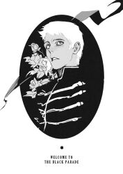  1boy blending buttons commentary double-breasted english_commentary english_text flower frown gerard_way greyscale high_collar highres looking_to_the_side looking_up male_focus military_uniform monochrome my_chemical_romance parted_lips real_life ribbon rose short_bangs short_hair simple_background solo song_name thendsherly upper_body white_background 
