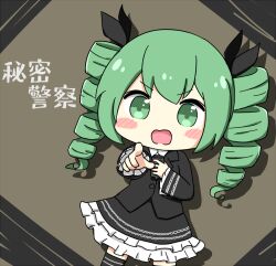  1girl black_jacket black_skirt blush_stickers buttons chibi chibi_only commentary_request cowboy_shot double-parted_bangs drill_hair drop_shadow frilled_skirt frilled_sleeves frills green_eyes green_hair grey_background hatsune_miku hatsune_miku_(dark_angel) himitsu_keisatsu_(vocaloid) jacket long_hair long_sleeves looking_at_viewer nukotun open_mouth pointing pointing_at_viewer project_diva_(series) skirt solo song_name translation_request twin_drills v-shaped_eyebrows vocaloid 