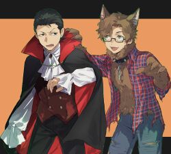  2boys animal_costume animal_ears black_coat black_hair black_pants brown_fur brown_hair buttons claw_pose coat commentary_request denim fangs hair_slicked_back halloween hiraga_keisuke isa_(peien516) jeans looking_at_another male_focus multiple_boys odagiri_hidetoshi open_mouth pants persona persona_3 plaid_clothes plaid_shirt red_vest shirt standing torn_clothes torn_jeans torn_pants vampire_costume vest white_shirt wolf_costume wolf_ears 