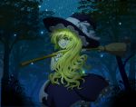 blonde_hair braid broom forest glowing grin hat kirisame_marisa long_hair looking_back magure magure_(artist) nature night night_sky sky smile solo star_(sky) starry_sky touhou tree witch_hat yellow_eyes 