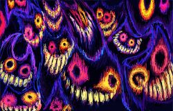 black_sclera colored_sclera commentary creature deltarune eldritch_abomination english_commentary evolutionary_line extra_eyes eye_focus friend_(deltarune) ghost highres horror_(theme) looking_at_viewer monster multiple_heads no_humans open_mouth pink_eyes pink_sclera sharp_teeth solemn_void teeth too_many utdr_(toby_fox) yellow_eyes yellow_sclera