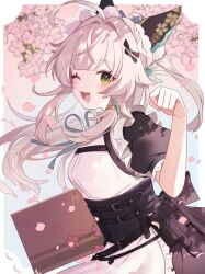  1girl animal_ears apron blonde_hair breasts cat_tail commentary_request frilled_apron frills genshin_impact green_eyes hair_ornament highres kirara_(genshin_impact) long_hair maid maid_apron maid_headdress one_eye_closed open_mouth shirase_(shirose) smile solo tail white_apron white_hair 