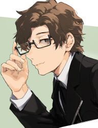  1boy adjusting_eyewear black-framed_eyewear black_jacket black_ribbon border brown_eyes brown_hair closed_mouth commentary_request dress_shirt glasses hiraga_keisuke isa_(peien516) jacket looking_at_viewer male_focus neck_ribbon outside_border persona persona_3 rectangular_eyewear ribbon semi-rimless_eyewear shirt solo under-rim_eyewear upper_body white_border white_shirt 