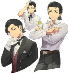  1boy armband belt black_hair black_jacket black_pants black_ribbon brown_belt buttons closed_mouth commentary_request cropped_legs cropped_torso dress_shirt formal_clothes frown gloves hair_slicked_back hand_on_own_head isa_(peien516) jacket long_sleeves looking_at_viewer male_focus multiple_views neck_ribbon odagiri_hidetoshi open_collar pants persona persona_3 red_vest ribbon shirt shirt_tucked_in short_hair short_sleeves simple_background vest white_background white_gloves white_shirt yellow_armband 