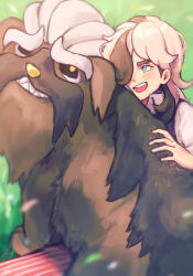  1boy :d arven_(pokemon) blue_eyes collared_shirt commentary_request day grass happy highres long_hair mabosstiff male_focus naname_(7name) open_mouth outdoors pokemon pokemon_(creature) pokemon_scarlet_and_violet shirt smile teeth upper_teeth_only vest 
