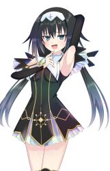  1girl arm_up arusu_marina black_dress black_hair blue_eyes blush commentary_request date_a_live detached_sleeves dress finger_to_mouth headdress highres lime_ill_10 long_hair looking_at_viewer nun_headdress open_mouth simple_background sleeveless sleeveless_dress smile solo standing white_background 