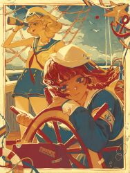  2girls :t anchor anchor_print armband bird blonde_hair blue_eyes blue_sailor_collar blue_shorts blue_sky braid censored closed_mouth collarbone commentary flat_chest freckles hair_ornament hat highres holding holding_telescope innertube jewelry long_hair long_sleeves looking_through_scope lulu_(lululike123) monocular mosaic_censoring multiple_girls neckerchief necklace original peaked_cap pearl_necklace red_eyes red_hair red_lips red_neckerchief safety_pin sailor sailor_collar seagull ship shirt shirt_tucked_in short_hair shorts side_braid single_braid sky sleeveless sleeveless_shirt spyglass starfish_hair_ornament steering_wheel swim_ring telescope twitter_username untranslatable_commentary watercraft white_armband white_background white_shirt 