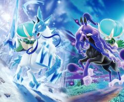  3d artist_request astral_barrage_(pokemon) blue_sky calyrex calyrex_(rider) closed_eyes closed_mouth commentary day dust english_commentary eyelashes glacial_lance_(pokemon) glastrier grass ice lance official_art open_mouth outdoors path pokemon pokemon_(creature) pokemon_focus pokemon_move pokemon_tcg polearm riding riding_pokemon rock sky snow spectrier third-party_source weapon 